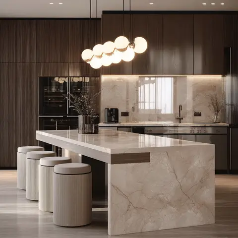 Kitchen island in veined marble with a waterfall edge, fluted dark-wood cabinetry, and a cluster of globe pendant lights overhead.
