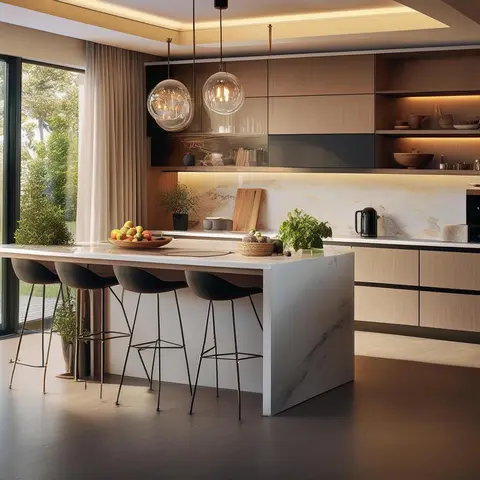 Kitchen island in warm oak-toned cabinetry with a white marble waterfall countertop, glass globe pendant lights