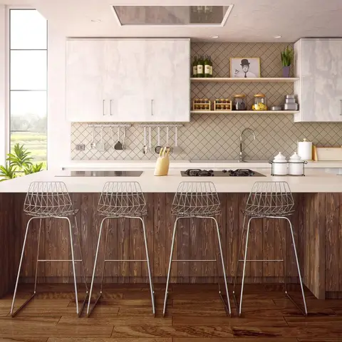 Kitchen island with reclaimed-wood panelling, a diamond-tile backsplash, open shelving styled with jars and plants, and wire-frame bar stools.