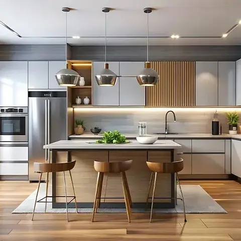 Kitchen island with three globe pendant lights and wooden bar stools, white cabinetry with wood-slat accents and a stainless steel fridge/oven column.