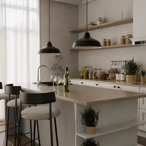 Kitchen island with two black dome pendant lights over it, white shaker cabinetry, open shelving styled with jars