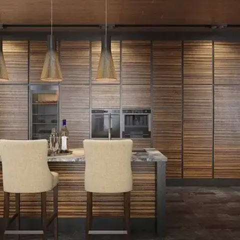 Kitchen render where a full wall of slatted wood tall units in dark metal frames houses the ovens and fridge