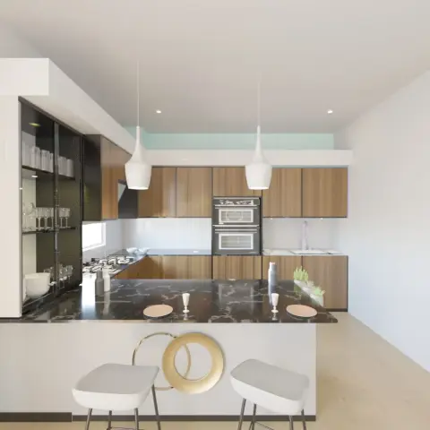Kitchen render with a black-marble breakfast peninsula and two white teardrop pendants, wood-veneer shutters wrapping a built-in oven and microwave tower