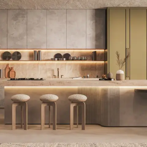 Kitchen render with olive-green shaker tall units either side of a travertine wall, a strip-lit open shelf holding pans and canisters