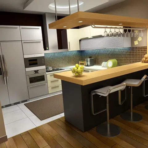 Kitchen with a breakfast bar topped in wood and an overhead wine-glass rack, cream cabinetry, a brown mosaic tile backsplash