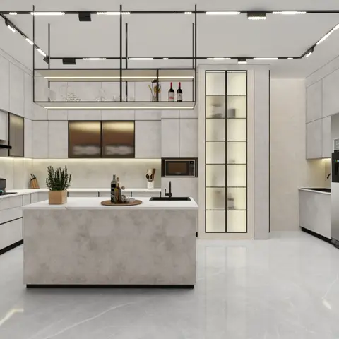 Kitchen with a concrete-textured island and cabinetry, a tall glazed display cabinet, and an exposed black track-lighting grid overhead.
