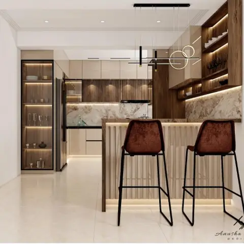 Kitchen with a fluted-front breakfast bar, gold-veined marble backsplash, black open shelving styled with glassware