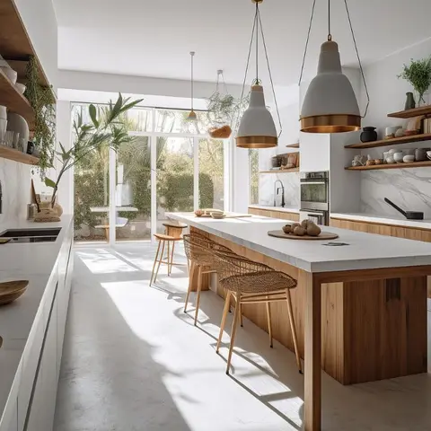 Kitchen with a large marble-topped wood island, rattan counter stools, brass-trimmed pendant lights, and open wood shelving styled with ceramics.
