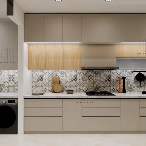 Kitchen with taupe flat-panel cabinetry, a Moroccan-pattern tile backsplash, wood-accent upper cabinets flanking the hood