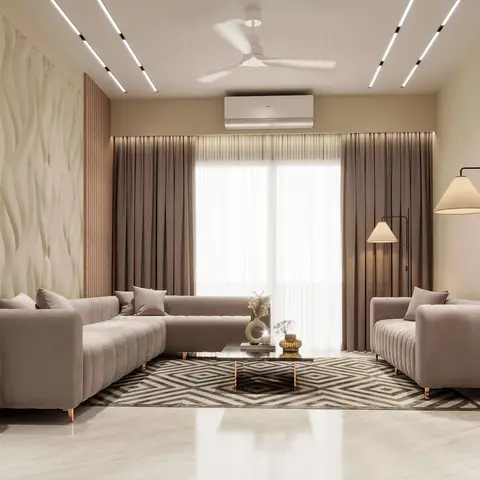 L-shaped channel-tufted sofa facing a geometric diamond rug, beneath a wave-textured 3D wall panel and linear cove lighting.