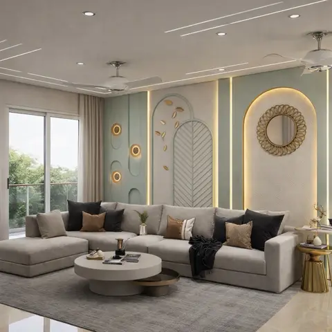 L-shaped grey sofa with black and mustard cushions facing a sculpted arch-motif wall in sage and gold with a round sunburst mirror and backlit niches.