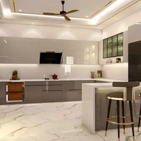 L-shaped high-gloss grey modular kitchen with a gold-trimmed cove ceiling, marble flooring