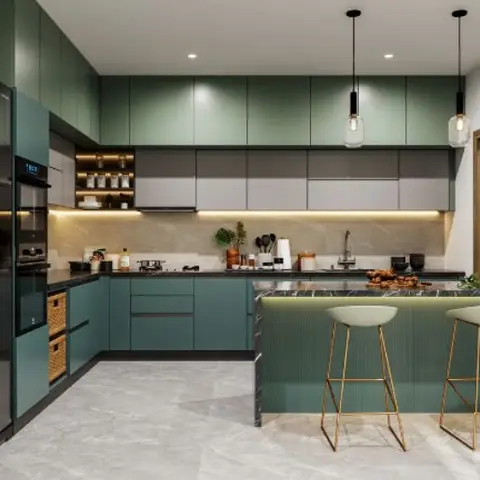 L-shaped kitchen in sage-green cabinetry with a black stone counter and marble backsplash, a tall built-in appliance column