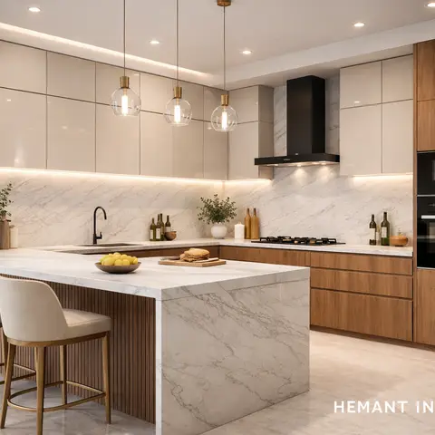 L-shaped kitchen with a fluted-wood waterfall island topped in marble, a black angled chimney hood, and brass globe pendants over two upholstered bar stools.