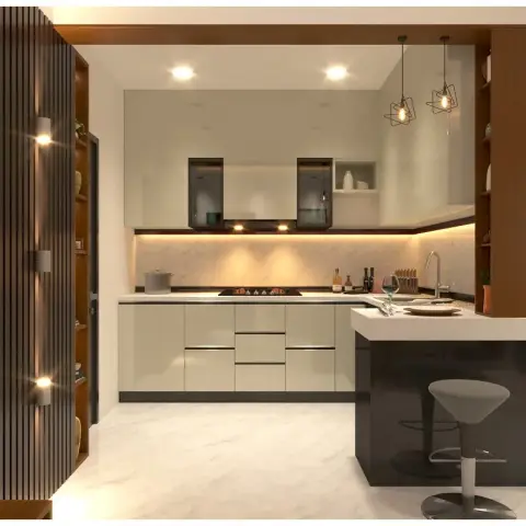 L-shaped kitchen with glossy cream cabinetry, a dark waterfall-edge breakfast counter with bar stools, twin cage pendant lights