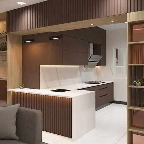 L-shaped kitchen with matte fluted brown-lacquer shutters, a marble slab backsplash and a light-wood surround, opening onto the living room.