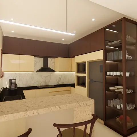L-shaped kitchen with mustard glossy lower cabinets and dark wood upper cabinets, a marble-slab backsplash behind the hob