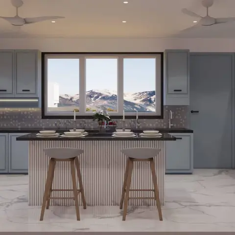 L-shaped kitchen with powder-blue shaker cabinets, a fluted-panel island with wood bar stools, and a black granite countertop.