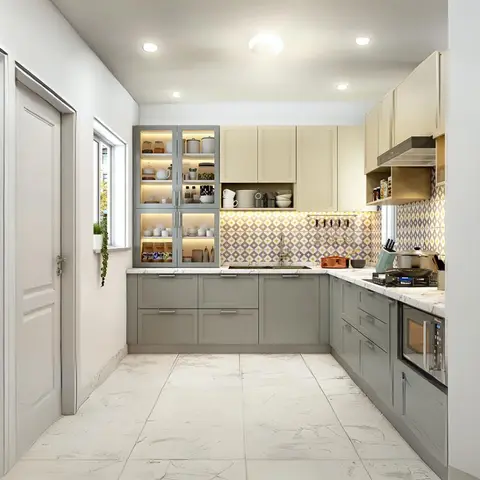 L-shaped kitchen with sage-grey shaker-style cabinets, a cream upper unit, a glass-front backlit crockery display, and a diamond-patterned tile backsplash.