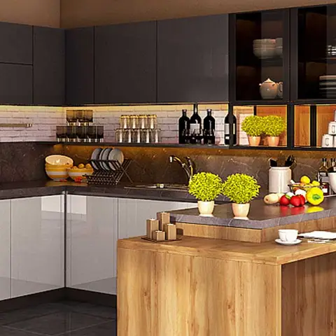 L-shaped modular kitchen with glossy charcoal and white shutters, glass-front upper cabinets and a wood-clad breakfast bar with white stools.