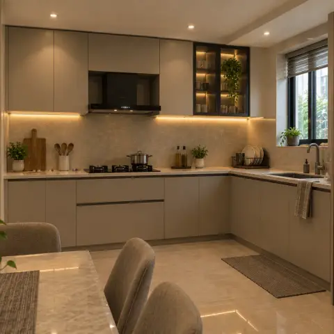 L-shaped modular kitchen with grey matte cabinetry, a marble-look backsplash and countertop, under-cabinet strip lighting