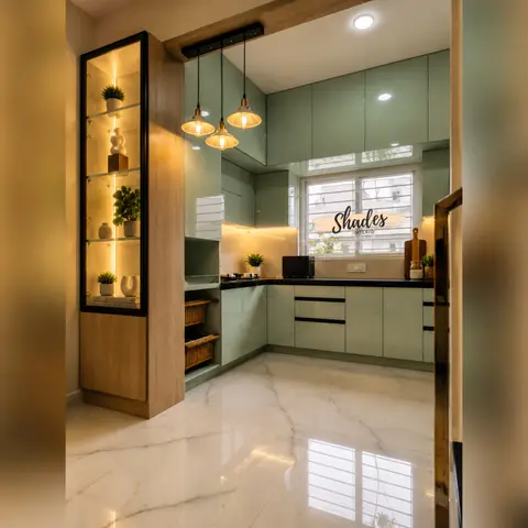 L-shaped modular kitchen with high-gloss sage green shutters, a black countertop, three Edison-bulb pendant lights