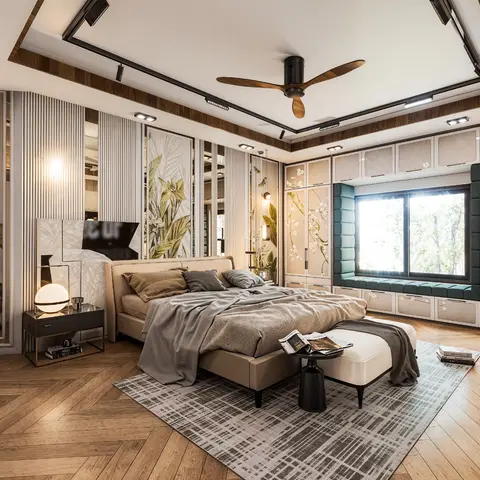 Large bedroom with a herringbone-wood floor, botanical-print wardrobe and wall panels, a wood-trimmed tray ceiling with a ceiling fan