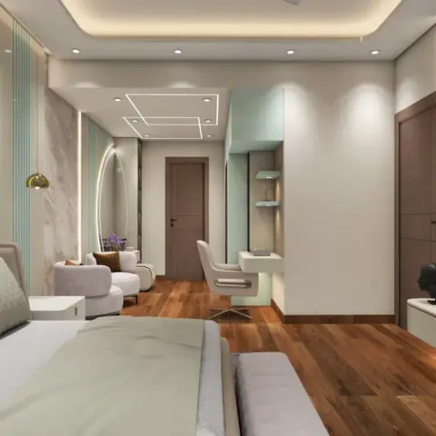 Large bedroom with a quilted upholstered bed against a fluted panel wall, wood flooring