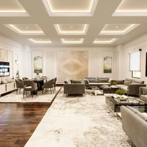 Large living-dining space with a square coffered cove-lit ceiling, a marble feature wall behind the TV console