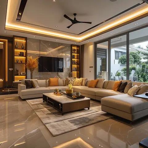Large living room with an L-shaped beige sectional sofa and mustard cushions around a marble-top coffee table, backlit display shelving flanking the TV wall