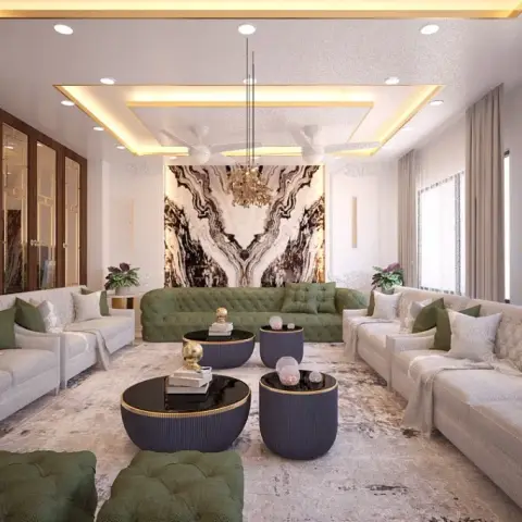 Large living room with matching cream tufted sofa banks facing olive-green seating