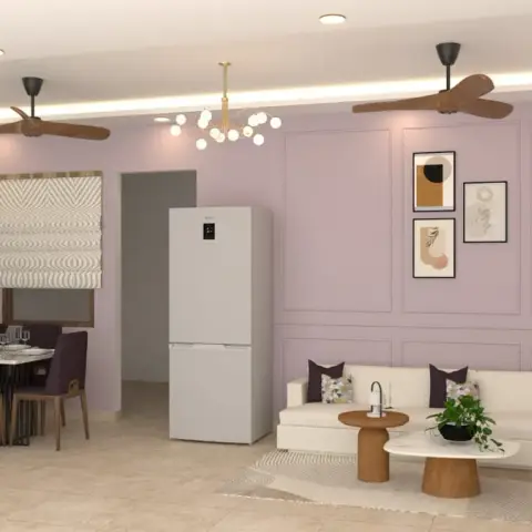 Lilac and grey moulding-panelled living-dining with an L-shaped cream sofa, aubergine dining chairs and a brass sputnik chandelier hung between two wooden