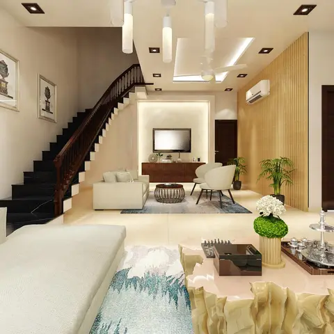 Living room beside a black marble-and-wood staircase, with a backlit stone TV niche and a gold fluted-panelled feature wall