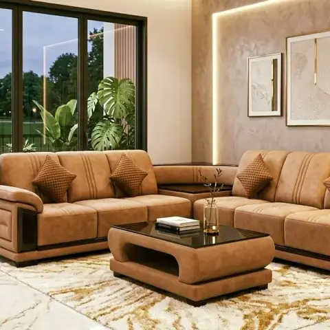 Living room built around a tan suede corner sofa set with diamond-quilted throw cushions, a curved-base coffee table under black glass