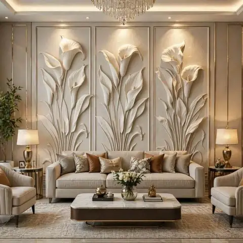 Living room centered on a beige sofa beneath a three-panel sculptural floral relief wall, flanked by cane-back armchairs and a marble coffee table.