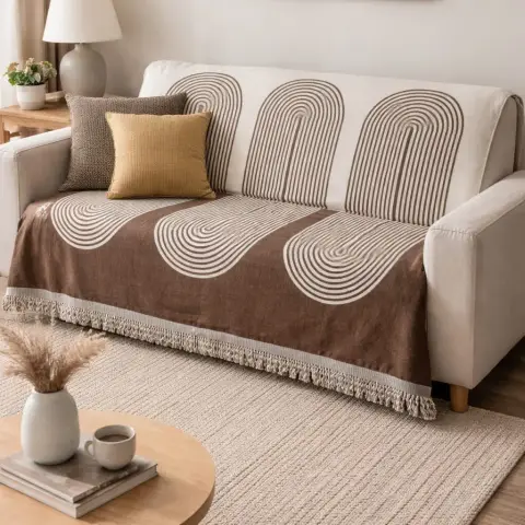 Living room corner with a cream sofa styled with a brown wave-pattern fringed throw and mustard cushions, round wood coffee table on a jute rug