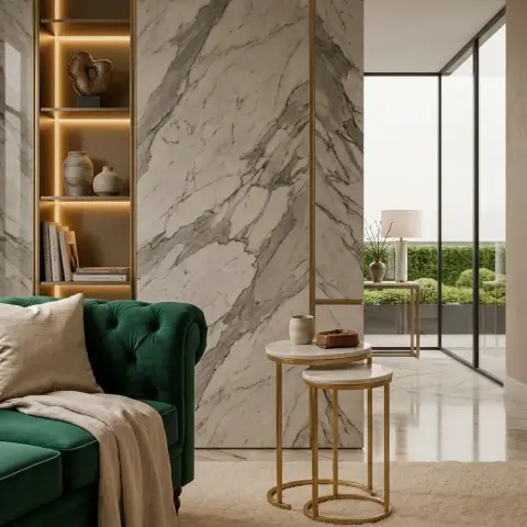 Living room corner with a tufted emerald velvet sofa against a large-format marble slab wall, a backlit gold-trimmed display shelf