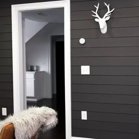 Living room corner with dark charcoal shiplap wall panelling, a decorative white deer-head wall mount, and a wall-mounted TV, opening into a kitchen.