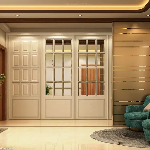 Living room corner with teal velvet swivel armchairs on a round rug beside a glazed French-door partition and a striped bronze-mirror sliding panel