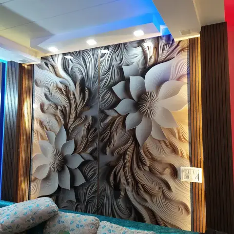 Living room feature wall in a 3D relief-effect mural of oversized grey-and-beige lilies, flanked by fluted walnut panels with a red-painted reveal