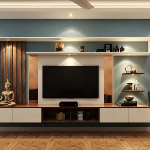 Living room feature wall with a floating TV console, fluted wood panelling, and a cove-lit display niche against a teal accent wall.
