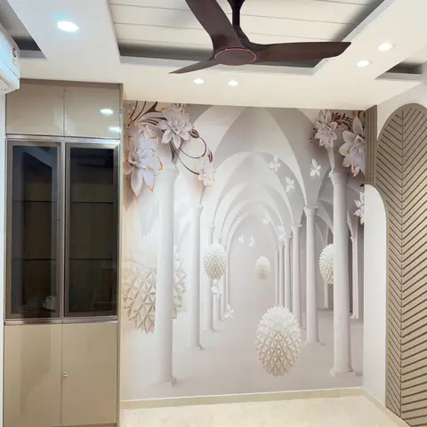 Living room feature wall with a 3D archway mural wallpaper, wood-slat ceiling, and a glass-front display cabinet
