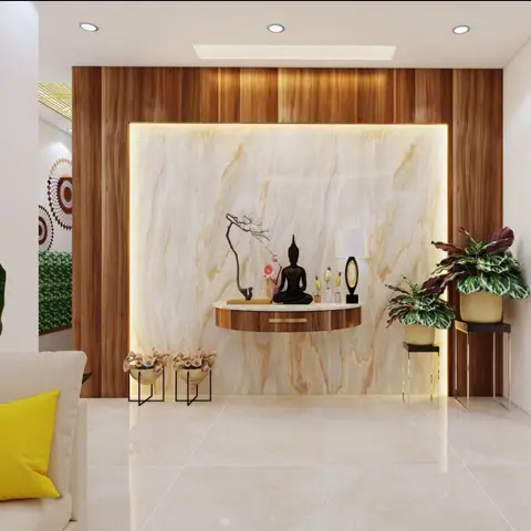 Living room feature wall with a backlit onyx marble panel framed by wood cladding