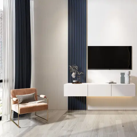 Living room floating TV console in white with a navy fluted panel accent strip, textured wallpaper walls, a rust velvet armchair with gold frame