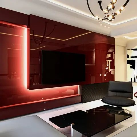Living room render dominated by a high-gloss oxblood lacquer TV wall carrying an L-shaped red LED reveal