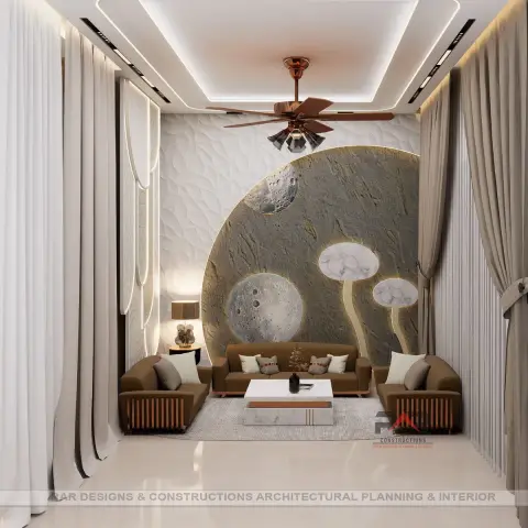 Living room render dominated by a giant backlit circle of rough grey stone texture carrying moon and mushroom forms
