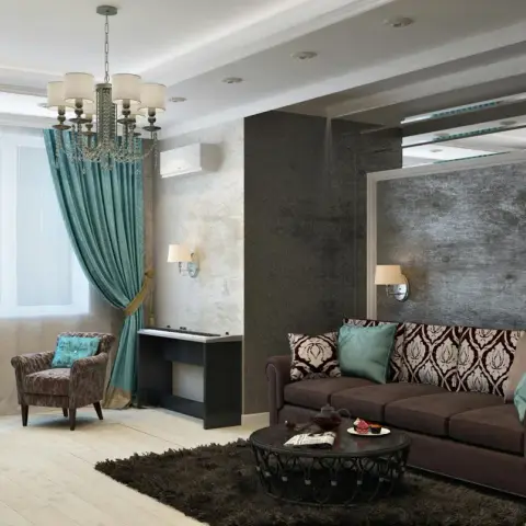 Living room render pairing a chocolate roll-arm sofa with damask cushions against a framed weathered-concrete panel lit by two swing-arm sconces
