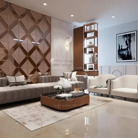 Living room render where a rose-gold faceted diamond mirror panel backs a channel-tufted grey sofa, with two curved cream armchairs