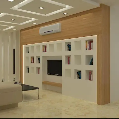 Living room render where an oak-framed feature wall holds a grid of square book niches around a wall-mounted TV over a floating bench, edge-backlit