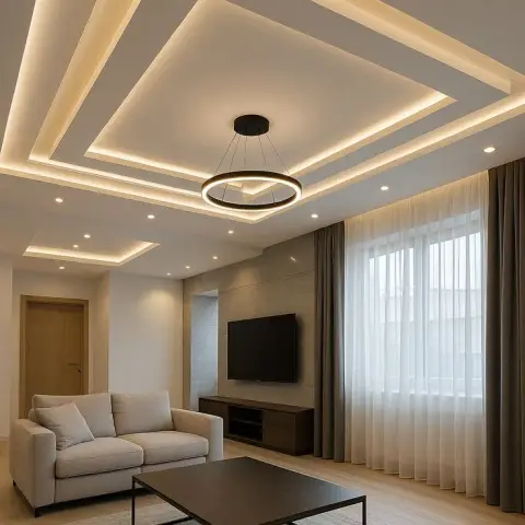 Living room render whose false ceiling steps down in three concentric rectangles of concealed cove light